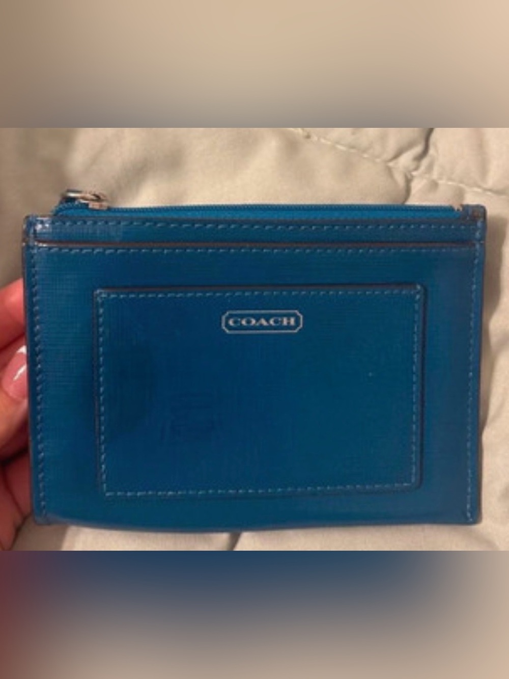 Coach Teal Blue Leather Zip Card Holder